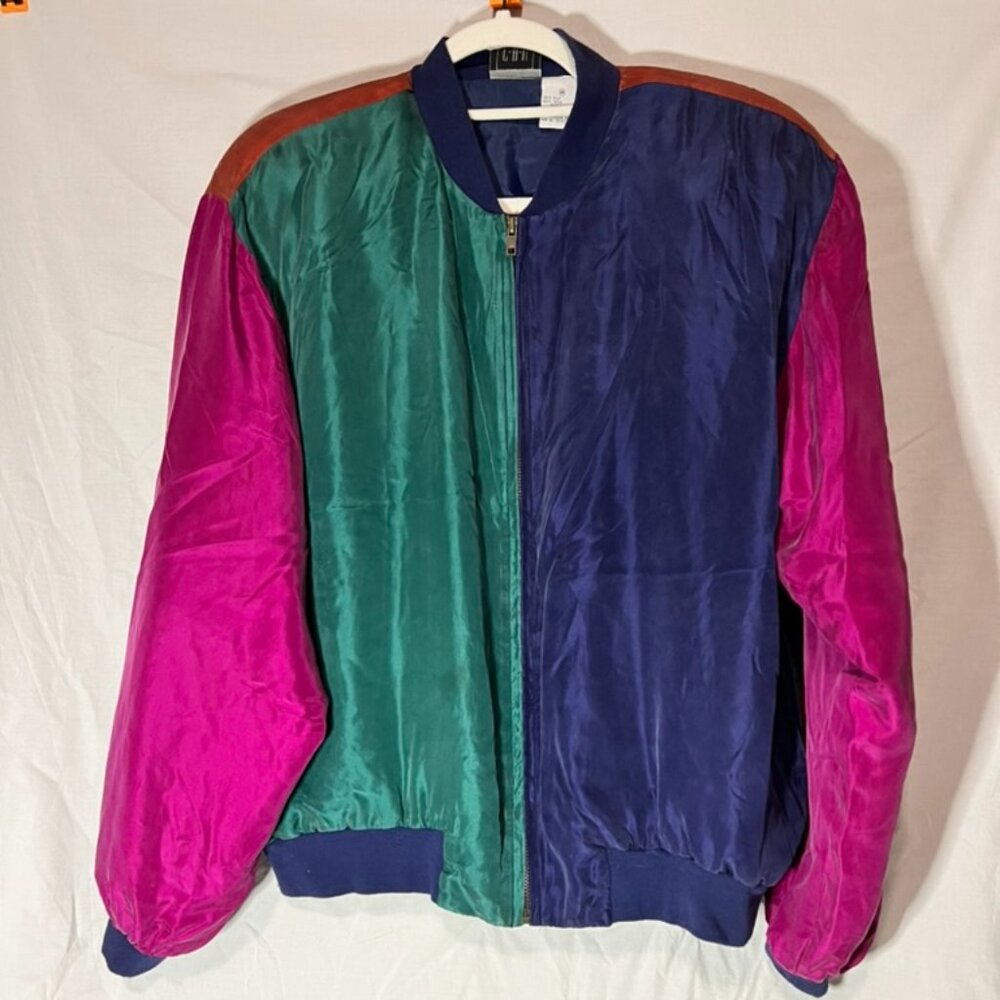CHU Vintage 100% Silk Colorblock Bomber Jacket – Size M